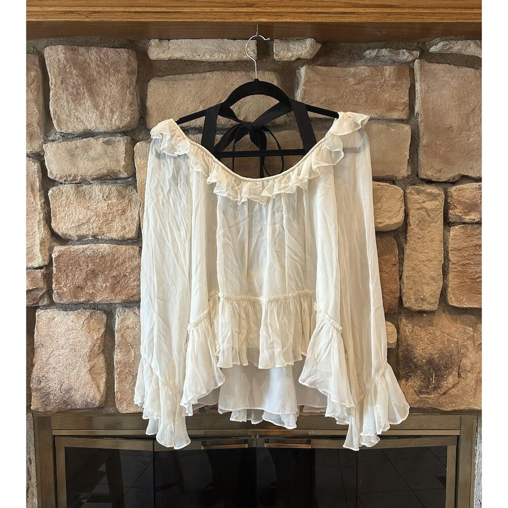 Cinq A Sept 575 Top 100% Silk Blouse Off Shoulder Ruffle Flowy Tie Back S Women